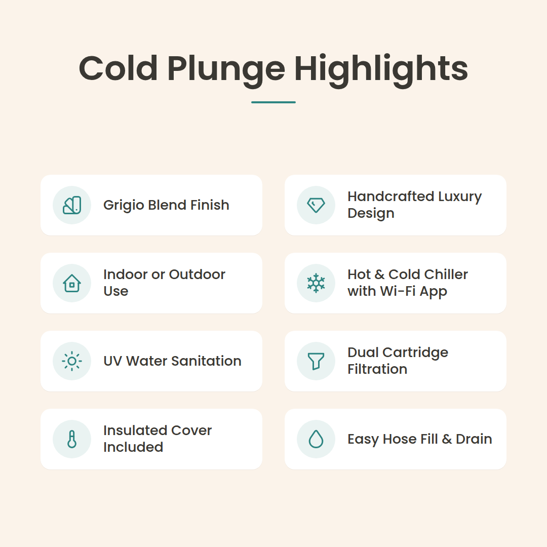 Loki Grigio Blend cold plunge highlights: handcrafted luxury design, indoor or outdoor use, hot and cold chiller with Wi-Fi app, UV sanitation, dual cartridge filtration, insulated cover, easy hose fill and drain