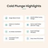 Loki Grigio Blend cold plunge highlights: handcrafted luxury design, indoor or outdoor use, hot and cold chiller with Wi-Fi app, UV sanitation, dual cartridge filtration, insulated cover, easy hose fill and drain