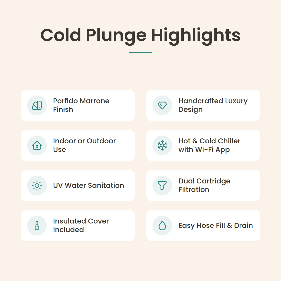 Loki Porfido Marrone cold plunge highlights: handcrafted luxury design, indoor or outdoor use, hot and cold chiller with Wi-Fi app, UV sanitation, dual cartridge filtration, insulated cover, easy hose fill and drain