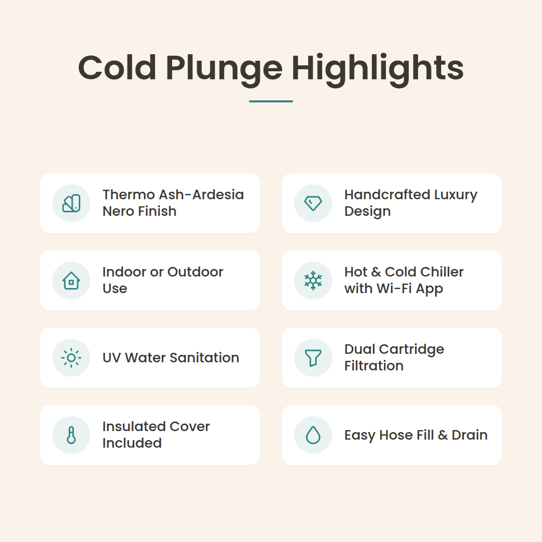 Loki Thermo Ash-Ardesia Nero cold plunge highlights: handcrafted luxury design, indoor or outdoor use, hot and cold chiller with Wi-Fi app, UV sanitation, dual cartridge filtration, insulated cover, easy hose fill and drain