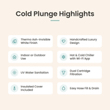 Loki Thermo Ash-Invisible White cold plunge highlights: handcrafted luxury design, indoor or outdoor use, hot and cold chiller with Wi-Fi app, UV sanitation, dual cartridge filtration, insulated cover, easy hose fill and drain