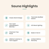 Nordic King Traditional Outdoor Barrel Sauna - 4 Person - Highlights
