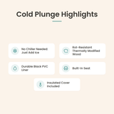 Salus Saunas Ice Bath highlights: no chiller needed, just add ice; rot-resistant thermally modified wood; durable black PVC liner; built-in seat; insulated cover included